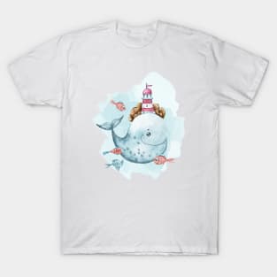 Watercolor cute whale and fish illustration T-Shirt